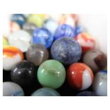 VINTAGE / ANTIQUE MARBLES / BLUE GLASS ATLAS JAR WITH LID