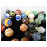 VINTAGE / ANTIQUE MARBLES / BLUE GLASS ATLAS JAR WITH LID