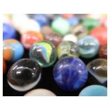 VINTAGE / ANTIQUE MARBLES / BLUE GLASS ATLAS JAR WITH LID
