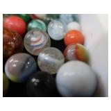 VINTAGE / ANTIQUE MARBLES / BLUE GLASS ATLAS JAR WITH LID