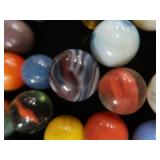 VINTAGE / ANTIQUE MARBLES / BLUE GLASS ATLAS JAR WITH LID