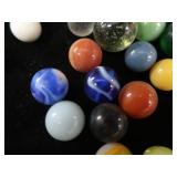 VINTAGE / ANTIQUE MARBLES / BLUE GLASS ATLAS JAR WITH LID