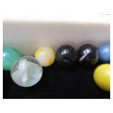 VINTAGE / ANTIQUE MARBLES / BLUE GLASS ATLAS JAR WITH LID