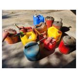 Collection of Assorted Metal and Plastic Fuel Cans and Containers