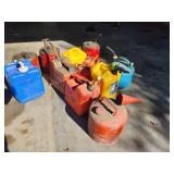 Collection of Assorted Metal and Plastic Fuel Cans and Containers