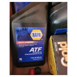 Automotive Fluids Lot: CAT DEO-ULS 10W-30 Oil, Mobil Delvac 1300 Super 15W-40, NAPA ATF, Gold Oil Filter