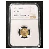 2022 AMERICAN GOLD EAGLE 1/10TH TROY OZ .999 FINE GOLD NGC MS69