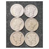 GROUP OF 6 US MERCURY DIMES