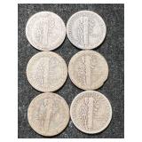 GROUP OF 6 US MERCURY DIMES