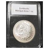 1 TROY OZ .999 FINE SILVER ZOMBUCKS MORQUE ANNE ROUND SLABBED