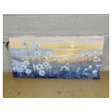 Blue Ocean Sunset Canvas Wall Art for Living Room Abstract Seascape Painting Coastal Beach Wildflowers Picture Natural Sea Landscape Print Sunrise With Yellow Orange Sky Seaside Artwork 20x40inch