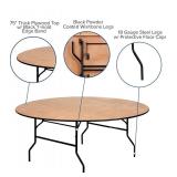 One 6-Foot Round Wood Folding Banquet Table with Clear Coated Finished Top.