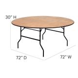 One 6-Foot Round Wood Folding Banquet Table with Clear Coated Finished Top.