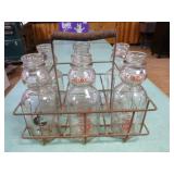 6 Vintage Cream Top Milk Bottles in Wire Milk Bottle Carrier