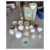 Large Lot of Lamp Globes + Vintage Hamper & (2) Lamps
