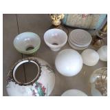 Large Lot of Lamp Globes + Vintage Hamper & (2) Lamps
