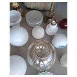 Large Lot of Lamp Globes + Vintage Hamper & (2) Lamps