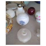 Large Lot of Lamp Globes + Vintage Hamper & (2) Lamps