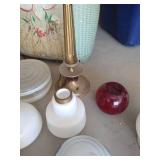 Large Lot of Lamp Globes + Vintage Hamper & (2) Lamps