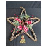 Star-Shaped Holiday Wreath with Pinecones, Ribbon, and Brass Bear Ornament