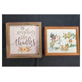 Holiday Wall Decor Lot: Framed Give Thanks Print, Winter Cross-Stitch, and Berry Wreaths