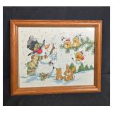 Holiday Wall Decor Lot: Framed Give Thanks Print, Winter Cross-Stitch, and Berry Wreaths