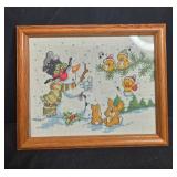 Holiday Wall Decor Lot: Framed Give Thanks Print, Winter Cross-Stitch, and Berry Wreaths