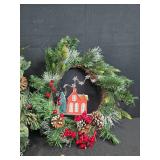 Holiday Wreaths with Pinecones, Berries, and Decorative House