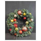 Artificial Holiday Wreath with Red, Gold, and Green Ornaments