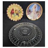 Decorative Plate Lot: Barbie Wedding Day Limited Edition, Lenox Winter Greetings Cardinal, and Clear Glass Serving Platter