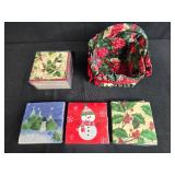 Holiday Themed Fabric Basket with Assorted Christmas Napkins