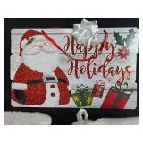 Holiday Decor Lot with Christmas Stockings, Ornaments, Garland, and Santa Sign