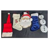 Assorted Christmas Decor Lot: Stockings, Santa Hat, Santa and Snowman Decorations