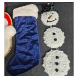 Assorted Christmas Decor Lot: Stockings, Santa Hat, Santa and Snowman Decorations
