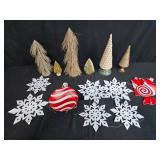 Assorted Holiday Decor Trees, Snowflake Ornaments, and Candy Signs