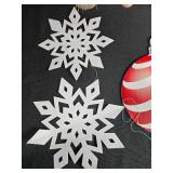 Assorted Holiday Decor Trees, Snowflake Ornaments, and Candy Signs
