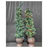 Set of 2 Artificial Prelit Spiral Entryway Trees with Pots and Garland