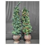 Set of 2 Artificial Prelit Spiral Entryway Trees with Pots and Garland