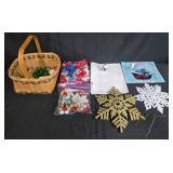 Christmas Basket with Ornaments, Gift Bows, Snowflake Decor, and Gift Bag