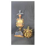 Wooden Porch Turkey Figure and Metal Pumpkin Fall Decor Set