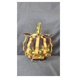 Wooden Porch Turkey Figure and Metal Pumpkin Fall Decor Set