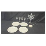 Set of 4 Glass Wine Goblets, 4 Dinner Plates, and Holiday Snowflake Tree Topper & Soap Dish