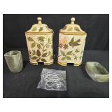 Decorative Set with 2 Floral Canisters, Green Plastic Bathroom Accessories, and S-Hooks