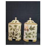 Decorative Set with 2 Floral Canisters, Green Plastic Bathroom Accessories, and S-Hooks