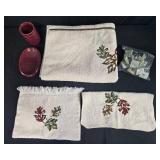 Bathroom Decor Set with Leaf Motif Towels, Red Ceramic Accessories, and Shower Hooks