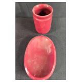 Bathroom Decor Set with Leaf Motif Towels, Red Ceramic Accessories, and Shower Hooks