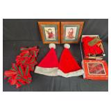 Holiday Decor Lot with Santa Prints, Santa Hats, Bows, and Light Set