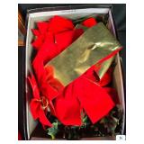 Holiday Decor Lot with Santa Prints, Santa Hats, Bows, and Light Set
