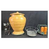 Kitchenware Collection with Wooden Lidded Jar, Metal Holder, Basket, and Salt and Pepper Shakers