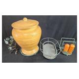 Kitchenware Collection with Wooden Lidded Jar, Metal Holder, Basket, and Salt and Pepper Shakers